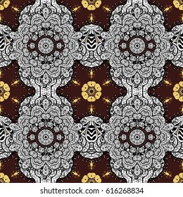 Golden pattern with white doodles on brown background with golden elements. Seamless golden pattern. Vector oriental ornament.
