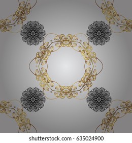 Golden pattern with white doodles on gray background with golden elements. Seamless golden pattern. Vector oriental ornament.