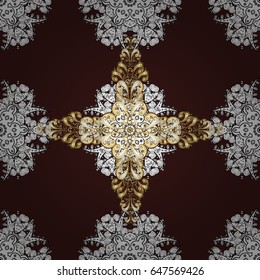 Golden pattern with white doodles on brown background with golden elements. Seamless golden pattern. Vector oriental ornament.