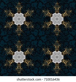 Golden pattern with white doodles on dark background with golden elements. Golden pattern. Vector oriental ornament.
