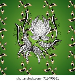 Golden pattern with white doodles on green, white and gray colors with golden elements. Ornamental golden pattern. Vector oriental ornament.