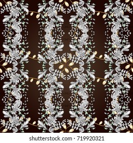 Golden pattern with white doodles on brown, white and black colors with golden elements. Ornamental golden pattern. Vector oriental ornament.