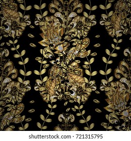 Golden pattern with white doodles on black, yellow and brown colors with golden elements. Seamless golden pattern. Vector oriental ornament.