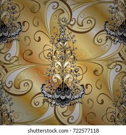Golden pattern with white doodles on beige, yellow and white colors with golden elements. Ornamental golden pattern. Vector oriental ornament.