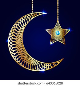 Golden patterned crescent with a star on a chain, vector, dark background