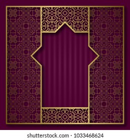 Golden patterned frame in oriental arched window form. Vintage greeting card background.