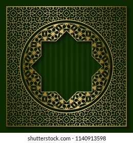 Golden patterned frame in oriental style. Vintage cover background or packaging design.