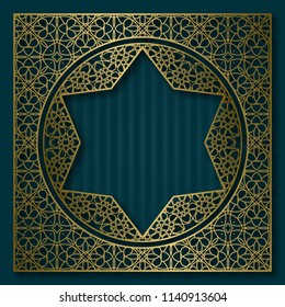 Golden patterned frame in oriental style. Vintage cover background or packaging design.
