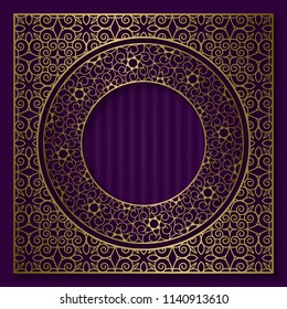 Golden patterned frame in oriental style. Vintage cover background or packaging design.