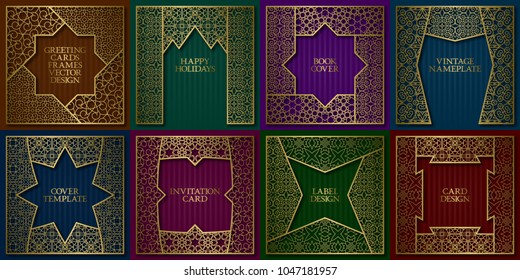 Golden patterned frames set. Vintage design of greeting cards backgrounds in asian traditional style. Brochure, book cover, nameplate, label templates.