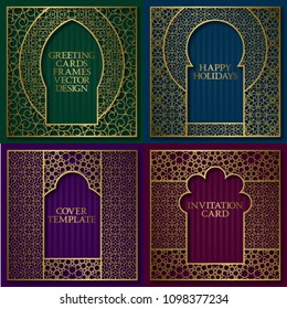 Golden patterned frames set. Vintage design of greeting cards backgrounds in asian traditional style. Brochure, album cover, nameplate, signboard templates.