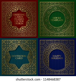 Golden patterned frames set. Vintage design of greeting cards backgrounds in asian traditional style. Brochure, album cover, nameplate, signboard templates.