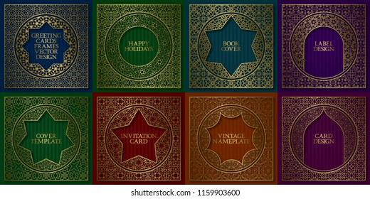 Golden patterned frames set. Vintage design of greeting cards backgrounds in asian traditional style. Brochure, album cover, nameplate, label templates.