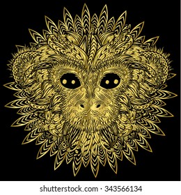 Golden patterned head of the monkey. 2016 New Year Symbol. Vector illustration.