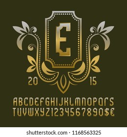 Golden patterned monogram template in beautiful wreath frame with vintage alphabet with numbers.