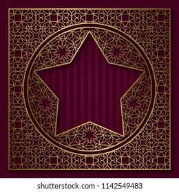 Golden patterned sacral frame in oriental style. Vintage cover background or packaging design.