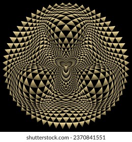 Golden patterned token. Creative circular decor design. Luxurious ornament made of many distorted triangles.
