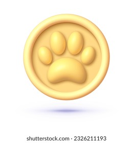 Golden paw 3d on white background. Isolated graphic template. Vector cartoon illustration