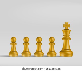 Golden pawns follow the King chess figure. Success Business Strategy, Strategic management, leadership solution, Problem solved, planning concept. 3d vector illustration