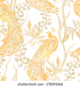 Golden Peacock. Beautiful peacock pattern. Tropical seamless pattern. Vector. Peacocks and plants.