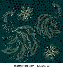 Golden peacock and butterflies pattern on turquoise background