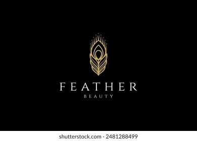 Golden peacock feather logo with in line art vector design style on white color background