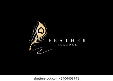 Modelo de diseño del logotipo de la pluma patrón de firma de pavo real de oro Ilustración de vector plana