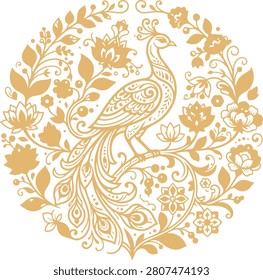 Golden peacock illustration surrounded by intricate floral wreath ornament isolated on transparent background. Luxurious circular frame design perfect for wedding invitations and ethnic style art projects.