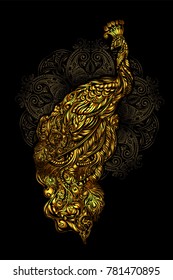 golden peacock tattoo on mandala background and mehendi orient ornament