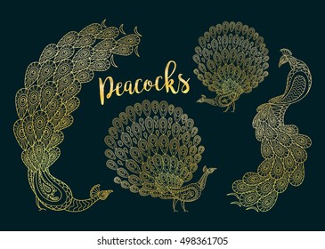 Golden peacocks set on the dark turqiouse background. Vector illustration