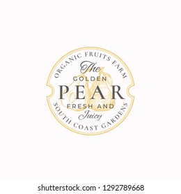 Golden Pear Farm Badge or Logo Template. Hand Drawn Pears with Leaf Sketch with Retro Typography and Borders. Vintage Premium Emblem. Isolated.