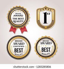 Golden Pearl badge collection. Elegant pearl white labels set, glossy labels with golden frame over beige background.