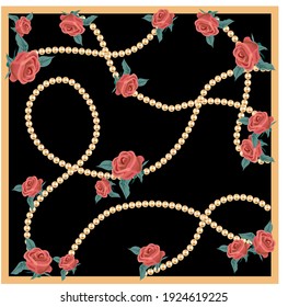 Golden pearl, roses pattern on black background. Vector design patch for print, textile, scarf design. EPS10 Illustration.