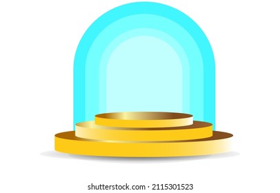 Golden pedestal podium , decorative blank gold sphere,Semi circle backdrop in  light blue color, 3D vector rendering, presentation, studio room, minimal wall backdrop.