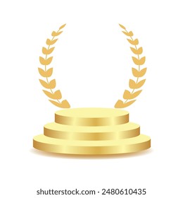 Golden pedestal or stage with a wreath for the winner, participant, hero of the day. Glowing gold award. Isolated design on white background