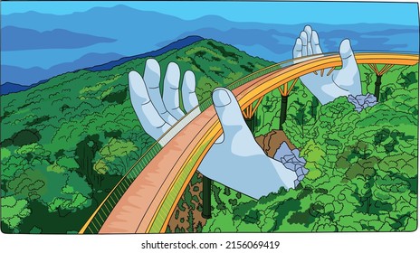 Golden pedestrian bridge. Bridgework overlooking mountain landscape. Huge construction in Thien Thai Garden. Golden bridge in stone hands, famous landmark in Da Nang. Vietnam tourist attraction