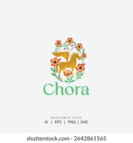 Golden Pegasus with Floral Wreath Logo, Whimsical Mythical Horse and Botanical Flowers Icon, Vibrant Floral Pegasus Logo 