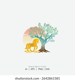 Golden Pegasus with Floral Wreath Logo, Whimsical Mythical Horse and Botanical Flowers Icon
