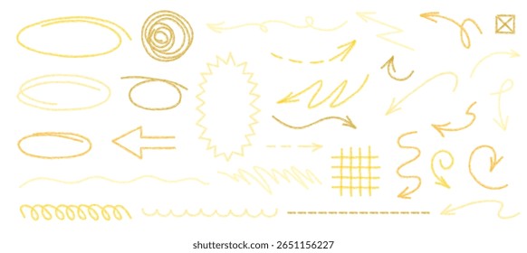 Golden pencil sketch arrows and drawn ovals with hand-textured effect for antique-inspired or nostalgic visuals
