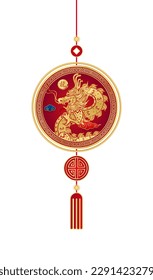 Golden pendant with dragon ornaments for chinese new year celebration isolated on white background. Zodiac sign for card design. China lunar calendar animal. (Translation : year of the dragon) Vector.