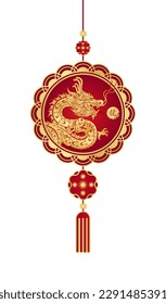 Golden pendant with dragon ornaments for chinese new year celebration isolated on white background. Zodiac sign for card design. China lunar calendar animal. (Translation : year of the dragon) Vector.
