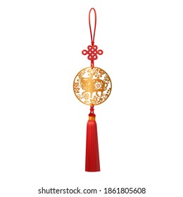 Golden Pendant with Ox and Luck Knot. Chinese New Year traditional Zodiac symbol of 2021 paper cut round design