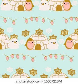 Golden penguin, snowman and igloo in a seamless pattern design, perfect to use on the web or in print