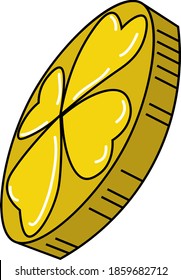 Golden penny coin with four leaf shamrock. Saint Patrick's day vector illustration.