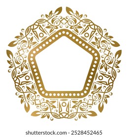 Quadro pentagonal dourado com ornamento vintage. Adequado para design elegante de divisas ou crachás.