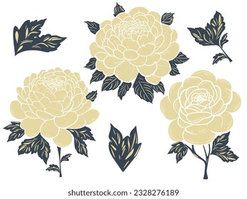 Golden peony flower and leaves set. Beautiful lush flowers cli art for invitations, cards, decor. Oriental floral style, isolated vector illustration