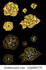 Golden Peony flower vector for interior wallpaper or pattern on black background.