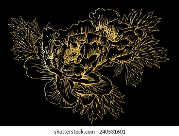 Golden peony pattern for background vector,Vintage floral vector bouquet of peonies and garden flowers, botanical natural peonies Illustration. Summer floral peonies greeting card