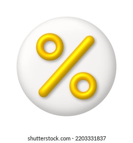 Golden percent sign on white button. Business and science icon. 3d realistic design element. vector illustration.