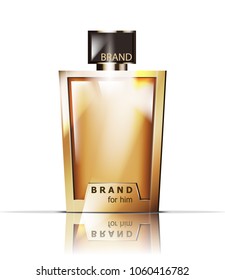 Golden perfume bottle Vector. Product packaging realistic detailed 3d illustration. Luxury fragrances